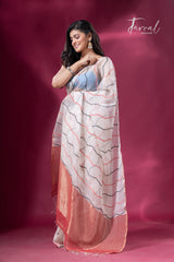 Offwhite with red pallu half silk half linen handwoven jamdani saree