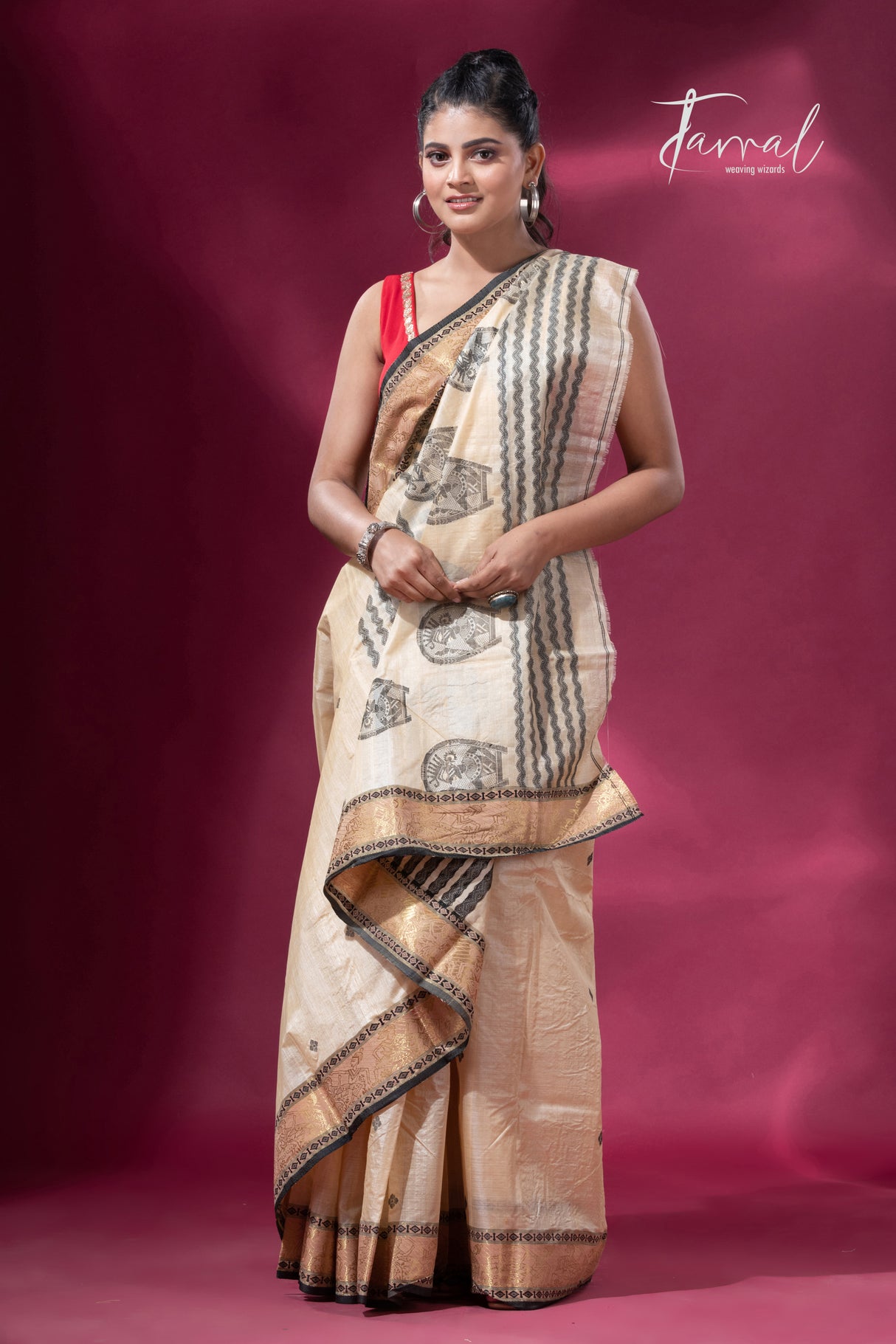 Light Creamy Elegance Tussar Tangail Handloom Saree