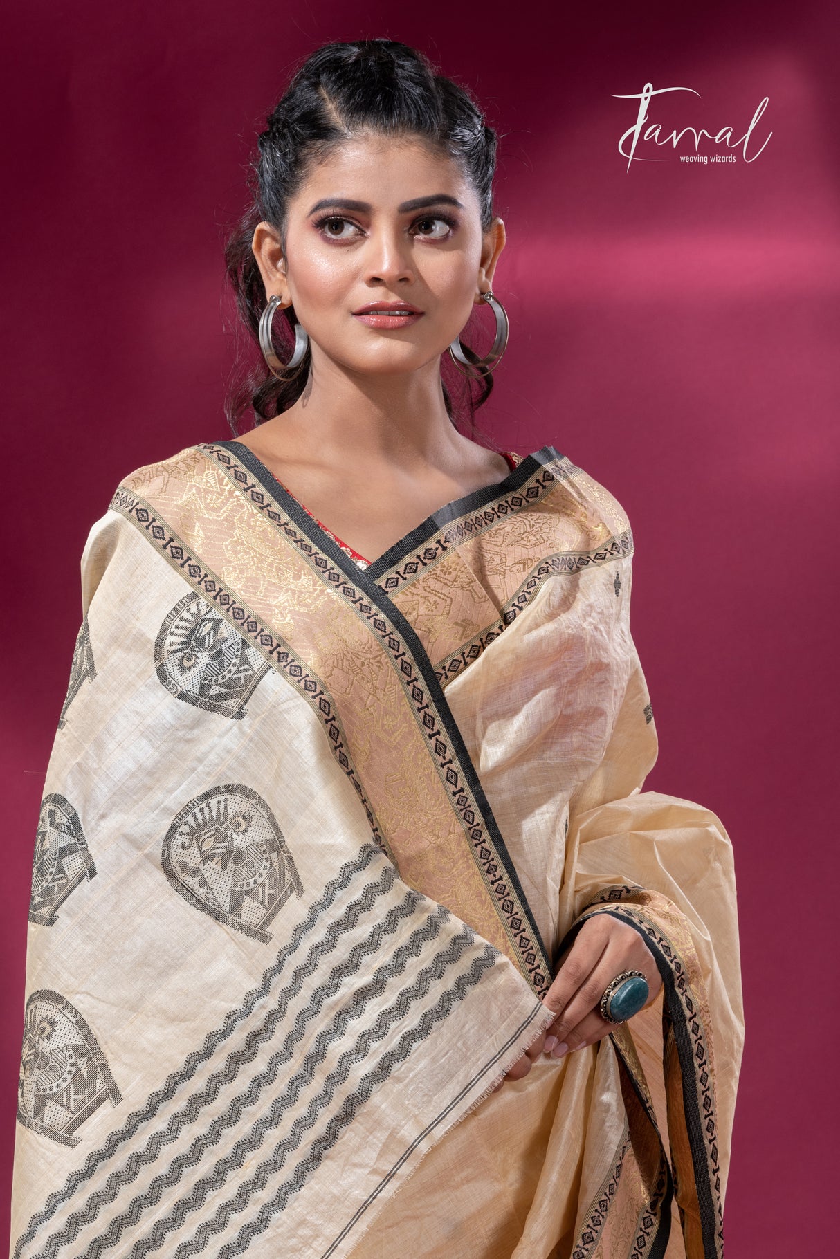 Light Creamy Elegance Tussar Tangail Handloom Saree