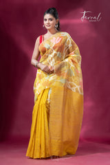 Golden Yellow Glow Splendor half muslin & half matka silk handwoven jamdani sequins saree