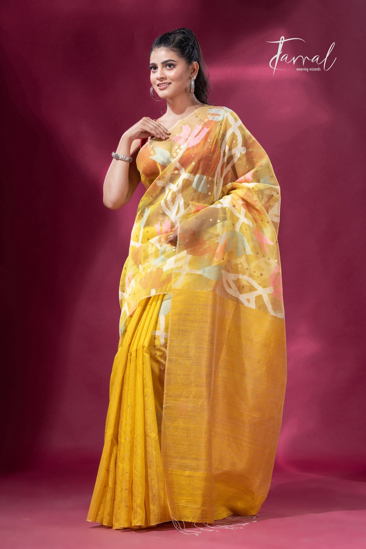 Golden Yellow Glow Splendor half muslin & half matka silk handwoven jamdani sequins saree