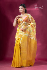 Golden Yellow Glow Splendor half muslin & half matka silk handwoven jamdani sequins saree