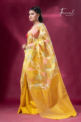 Golden Yellow Glow Splendor half muslin & half matka silk handwoven jamdani sequins saree