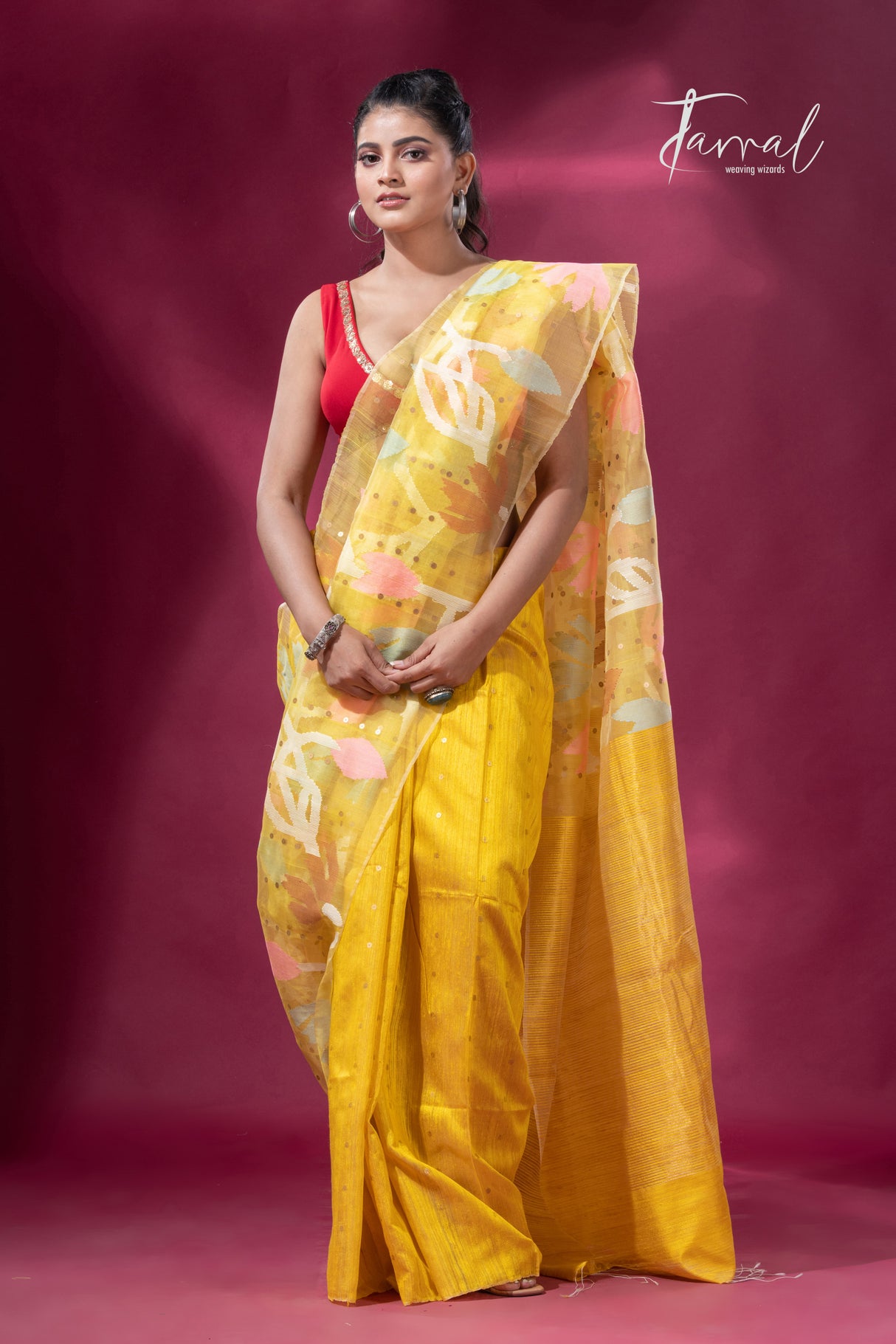 Golden Yellow Glow Splendor half muslin & half matka silk handwoven jamdani sequins saree