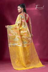 Golden Yellow Glow Splendor half muslin & half matka silk handwoven jamdani sequins saree