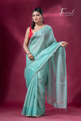 Sea Green sequins border noil tusser zari silk handloom saree