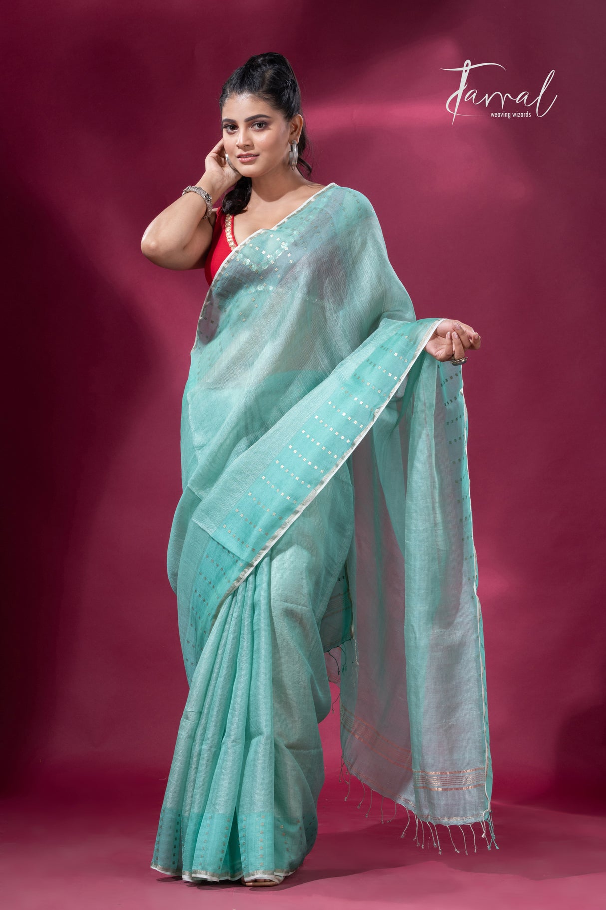 Sea Green sequins border noil tusser zari silk handloom saree