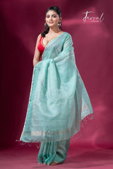 Sea Green sequins border noil tusser zari silk handloom saree