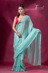 Sea Green sequins border noil tusser zari silk handloom saree