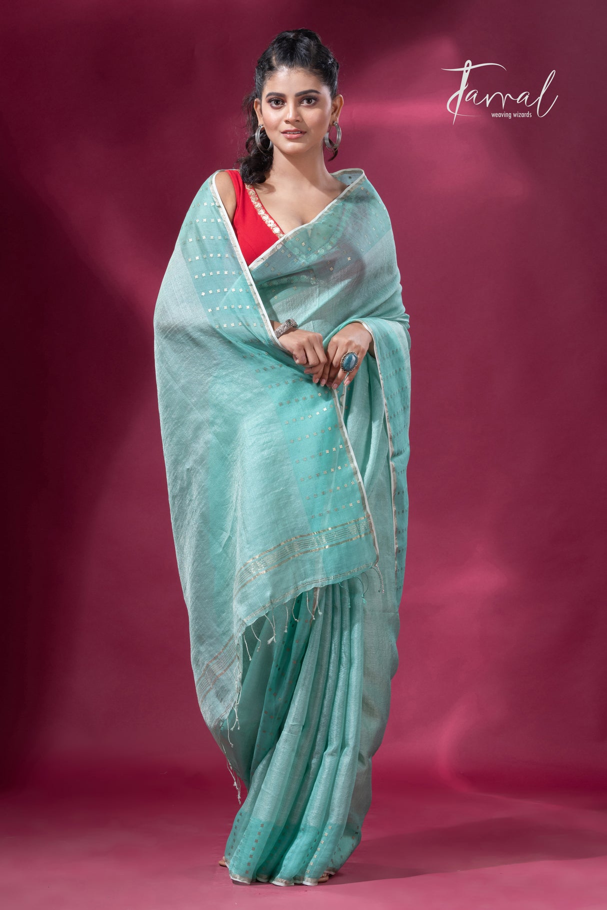 Sea Green sequins border noil tusser zari silk handloom saree