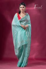 Sea Green sequins border noil tusser zari silk handloom saree