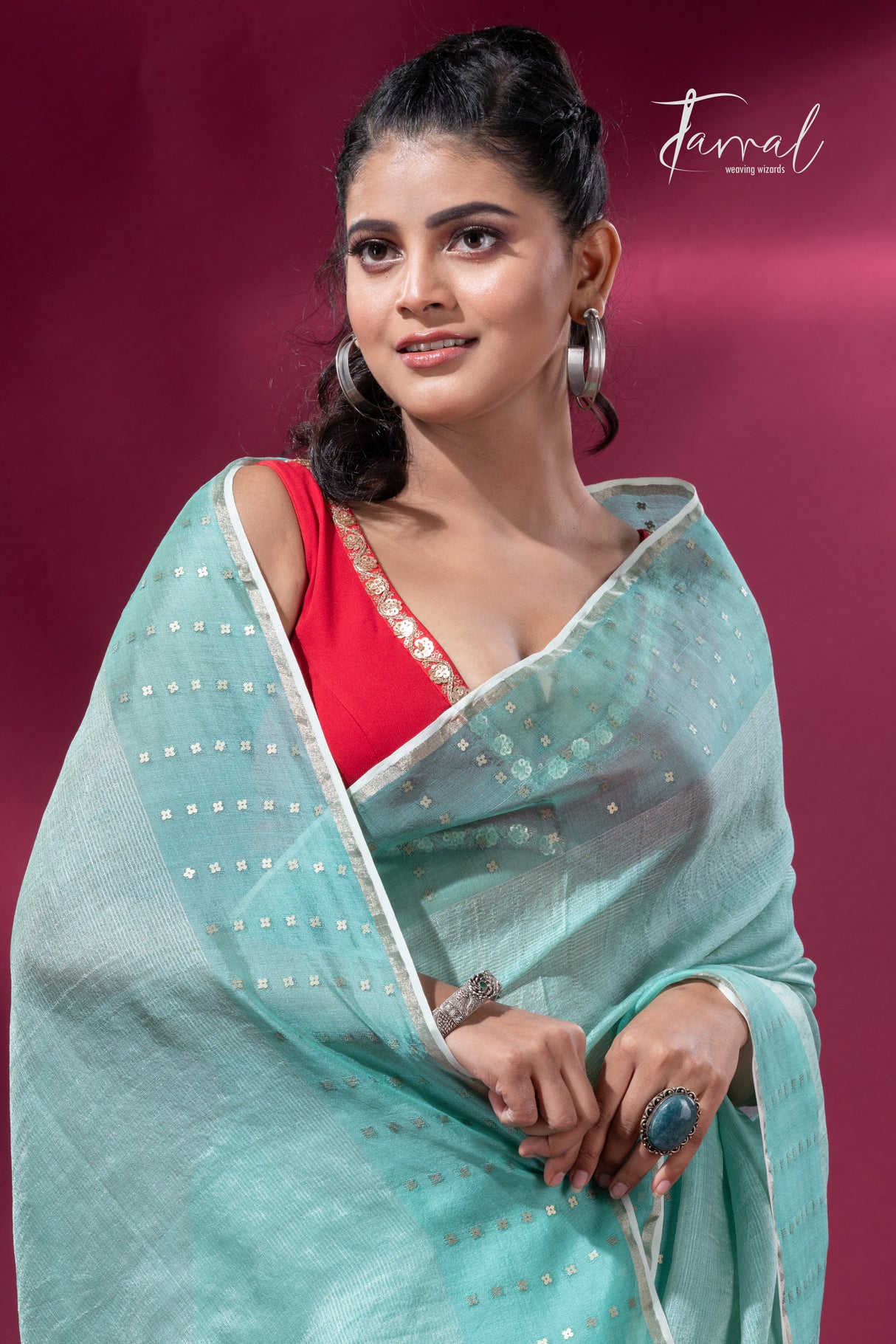 Sea Green sequins border noil tusser zari silk handloom saree