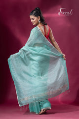 Sea Green sequins border noil tusser zari silk handloom saree