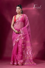 Rose pink with zari border traditional dhakai handwoven jamdani saree