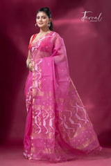 Rose pink with zari border traditional dhakai handwoven jamdani saree