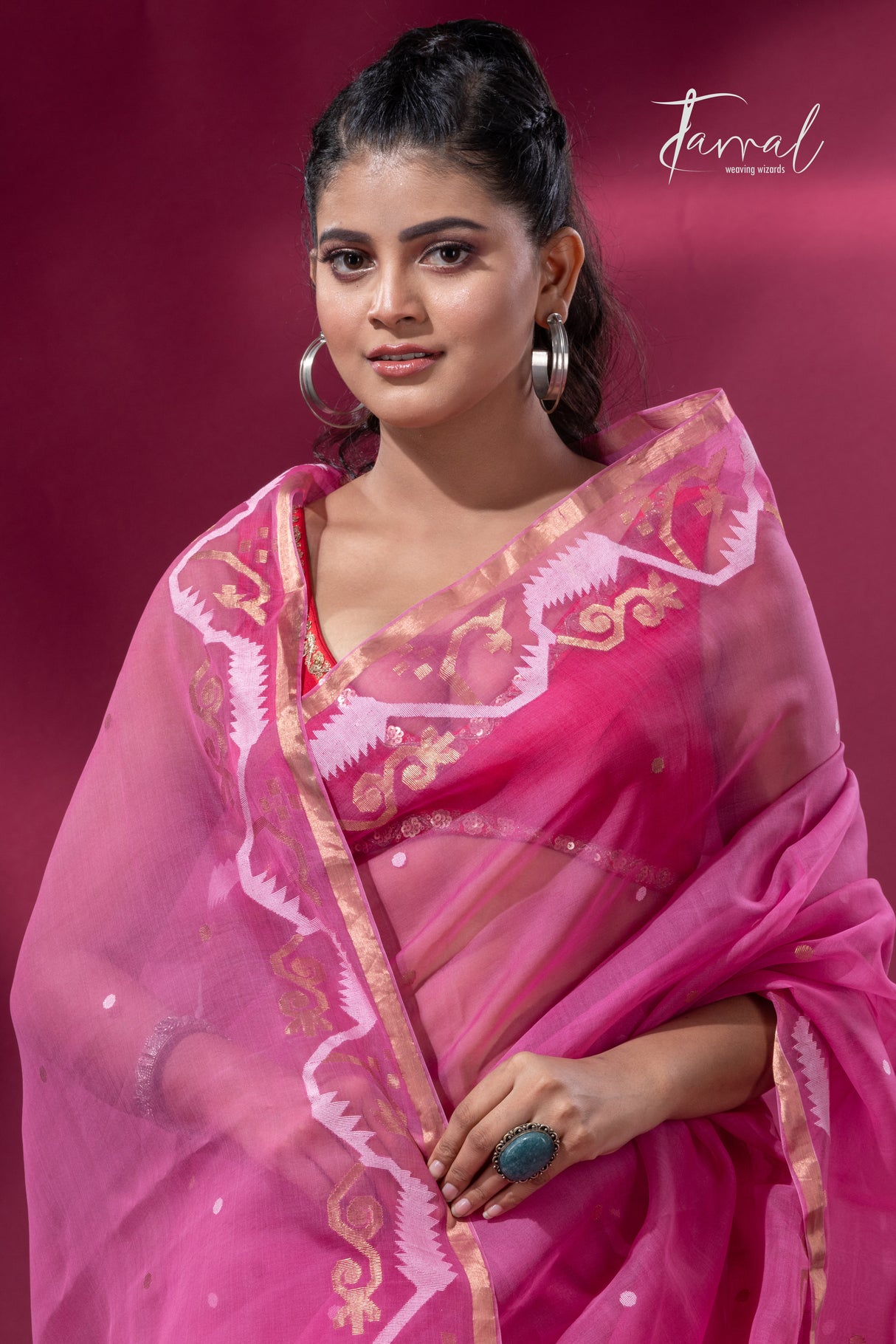 Rose pink with zari border traditional dhakai handwoven jamdani saree