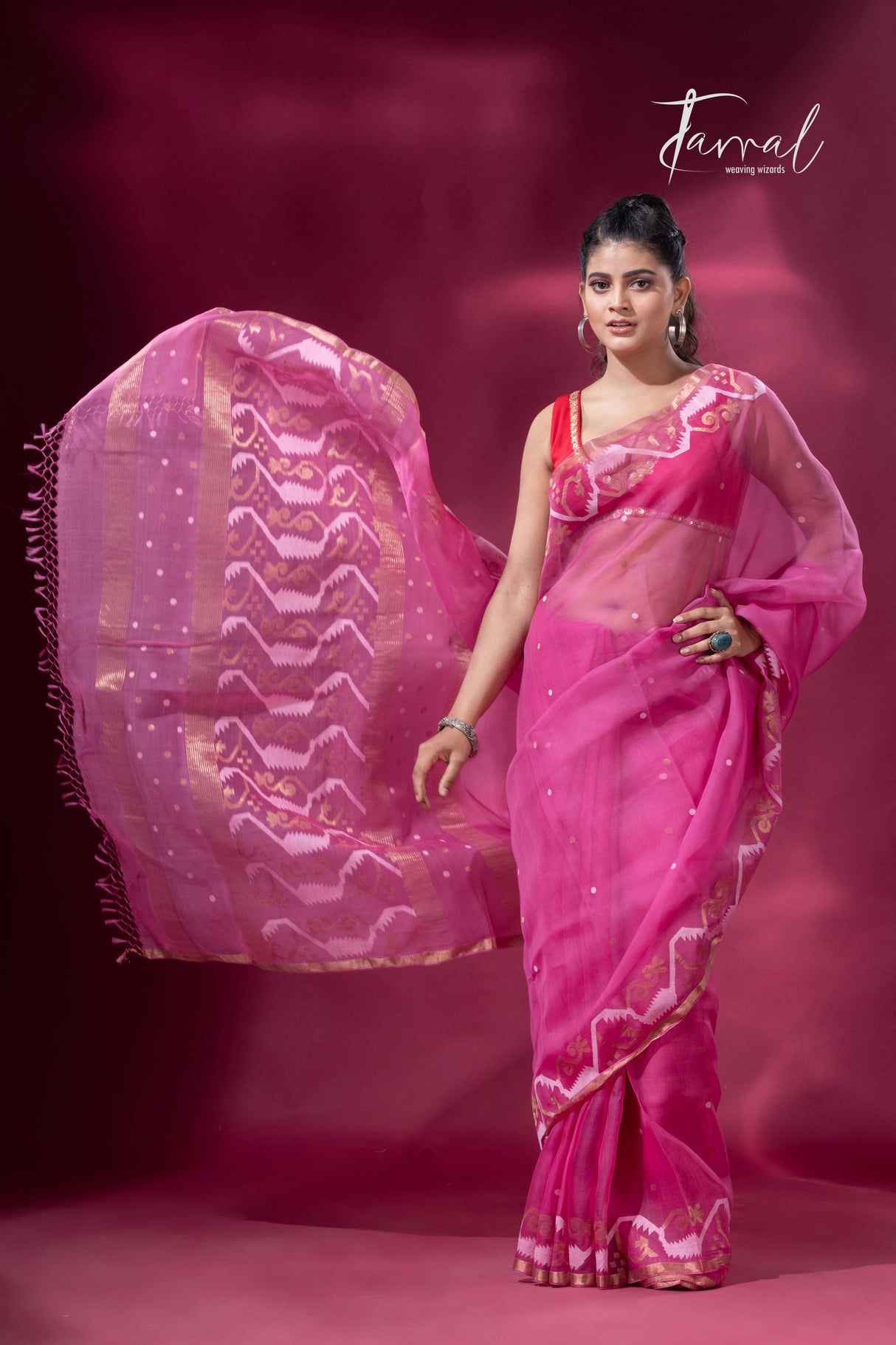 Rose pink with zari border traditional dhakai handwoven jamdani saree