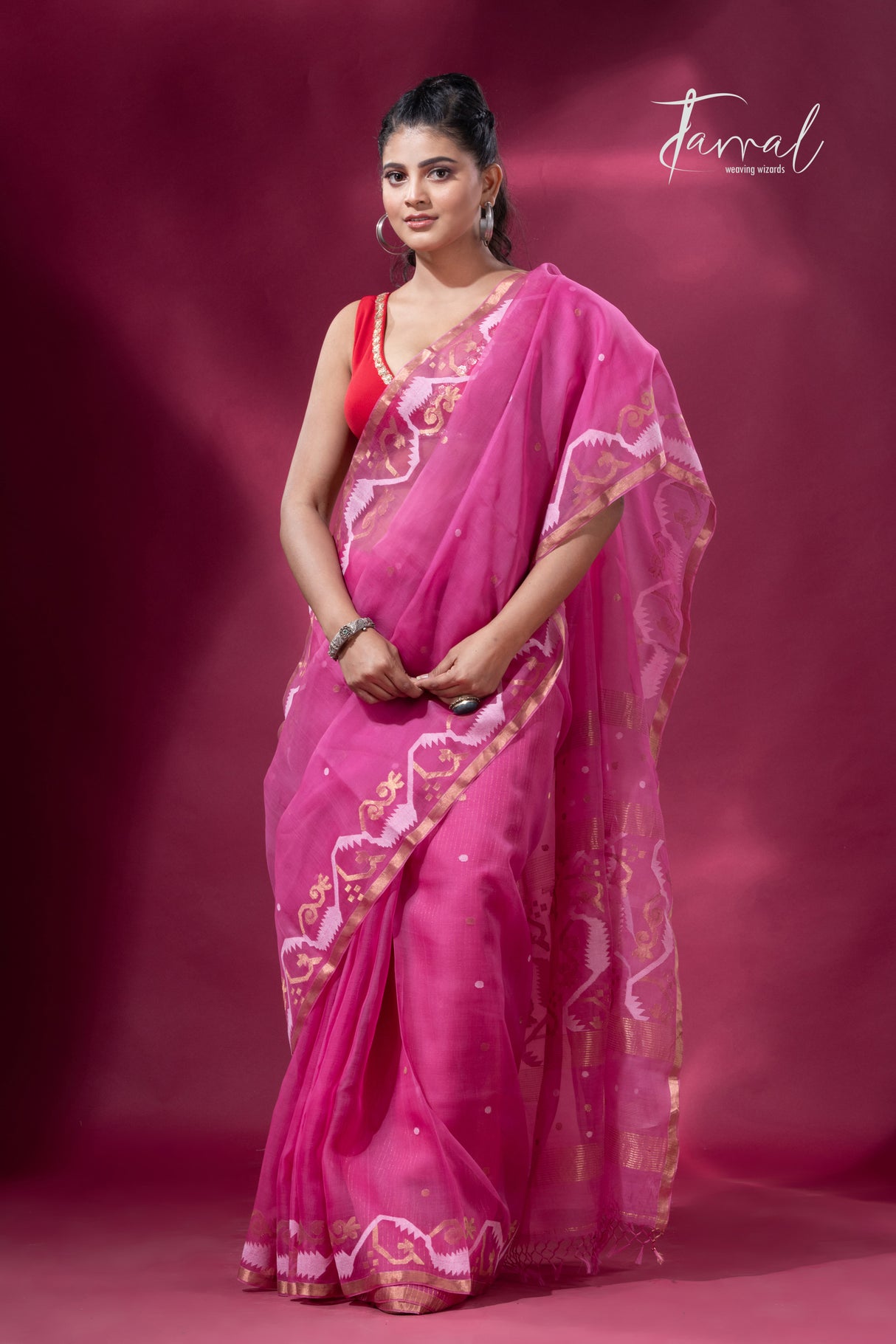 Rose pink with zari border traditional dhakai handwoven jamdani saree