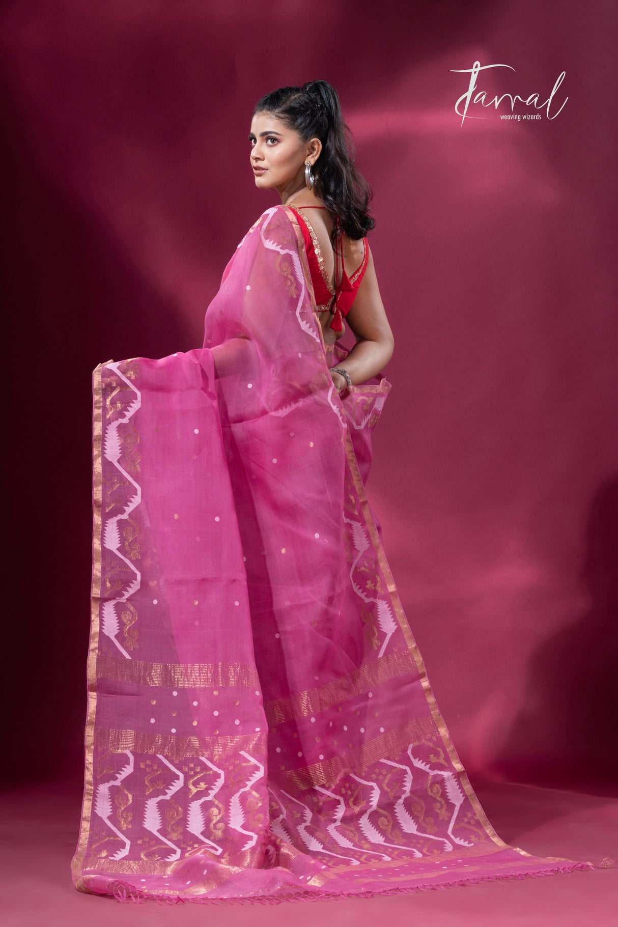 Rose pink with zari border traditional dhakai handwoven jamdani saree