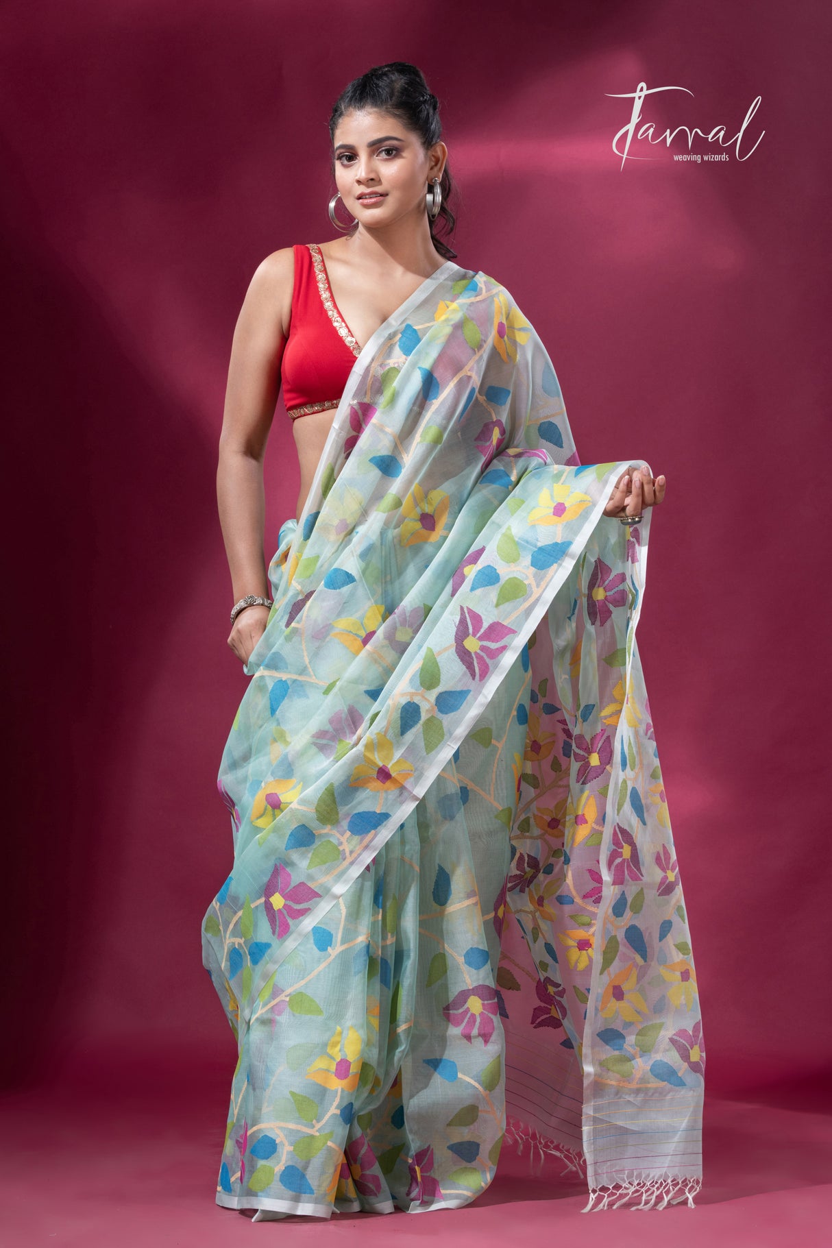 Light Sea Green Floral Delight allover Handwoven Jamdani Saree