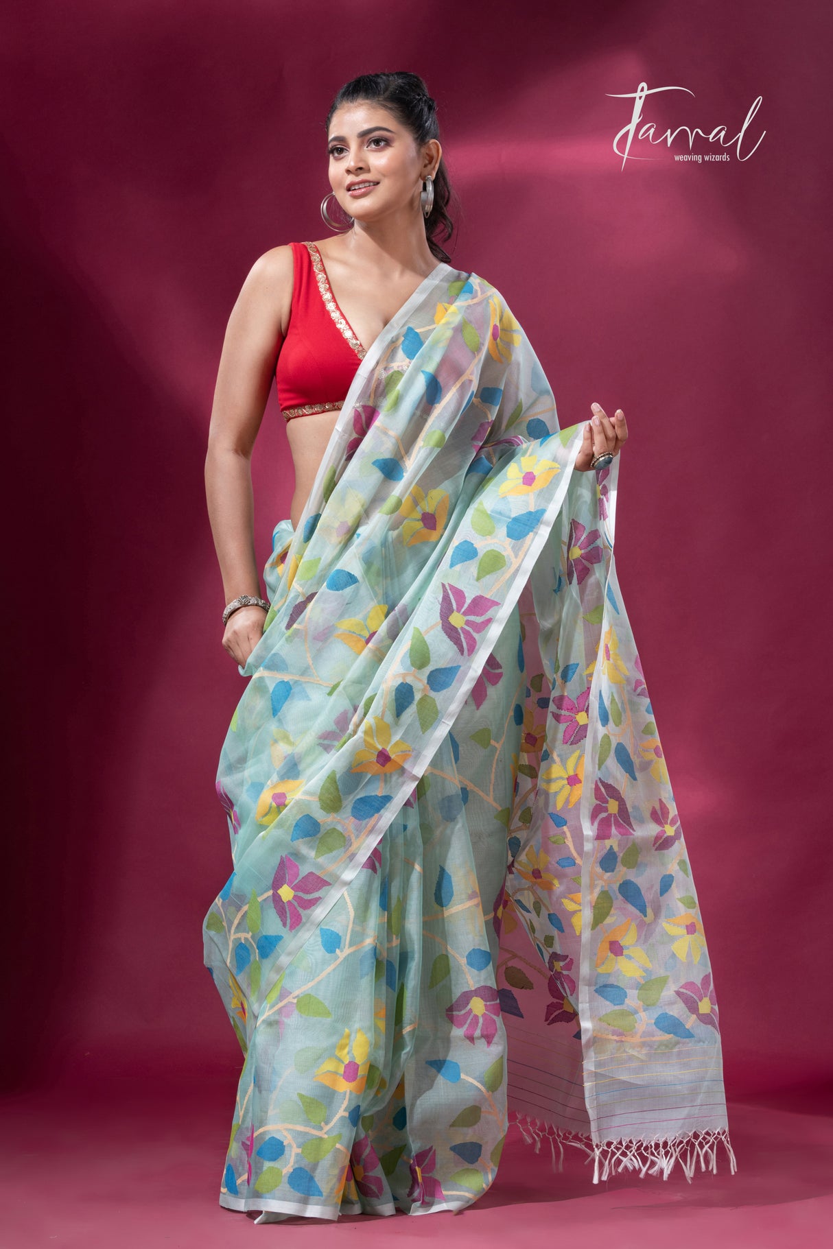 Light Sea Green Floral Delight allover Handwoven Jamdani Saree