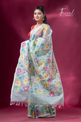 Light Sea Green Floral Delight allover Handwoven Jamdani Saree