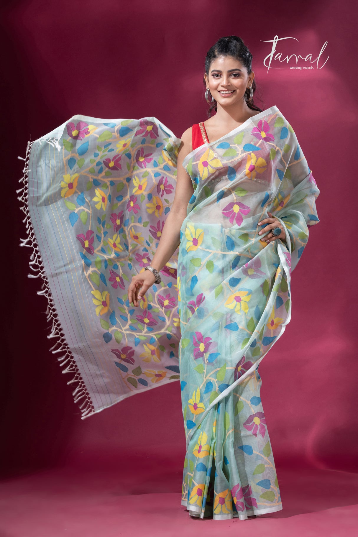 Light Sea Green Floral Delight allover Handwoven Jamdani Saree