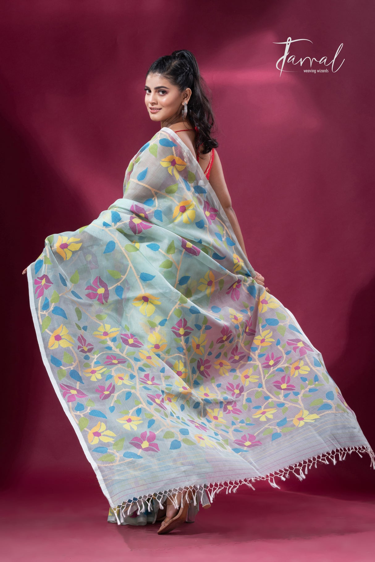 Light Sea Green Floral Delight allover Handwoven Jamdani Saree