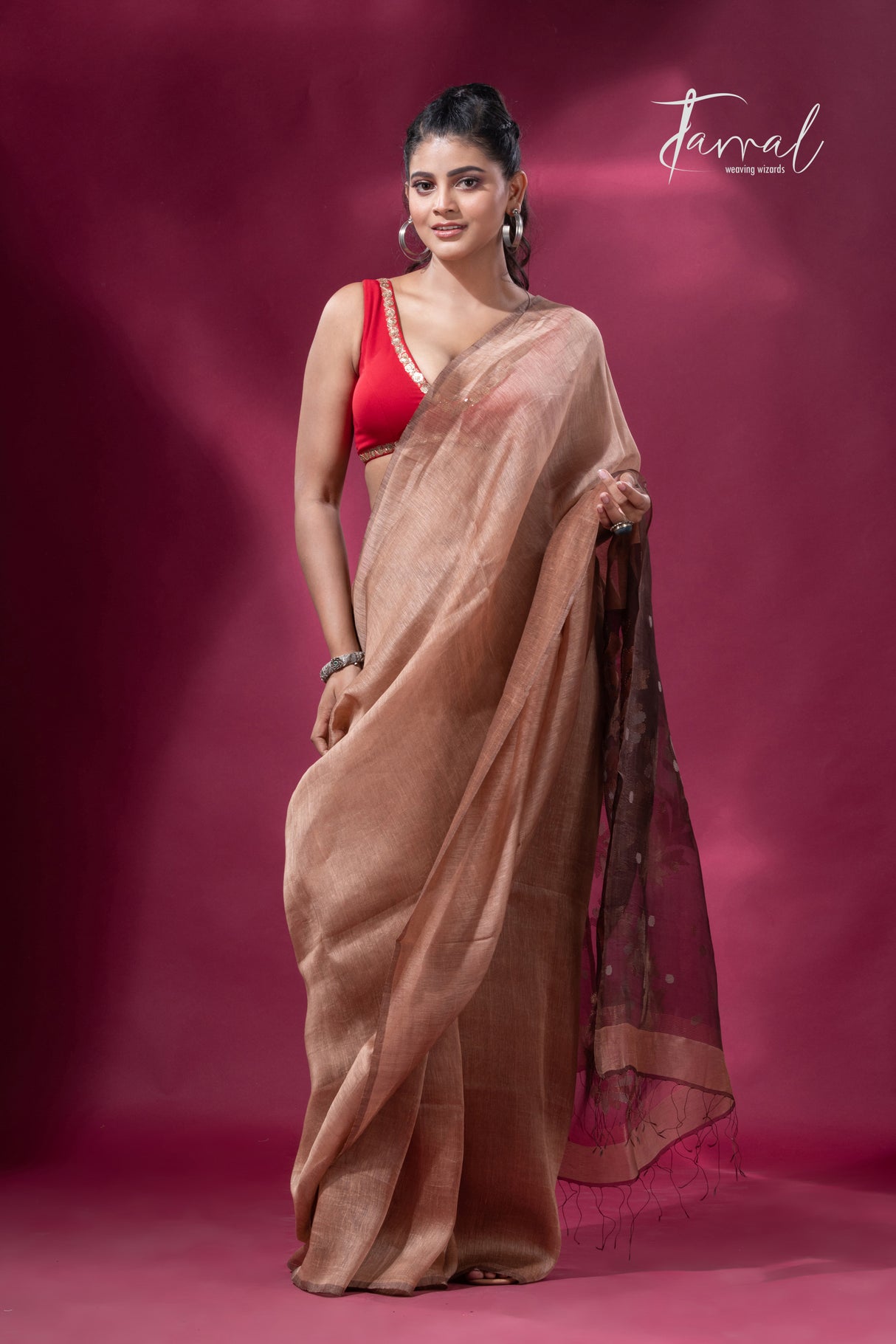 Coffee brown colour silk linen handwoven jamdani saree