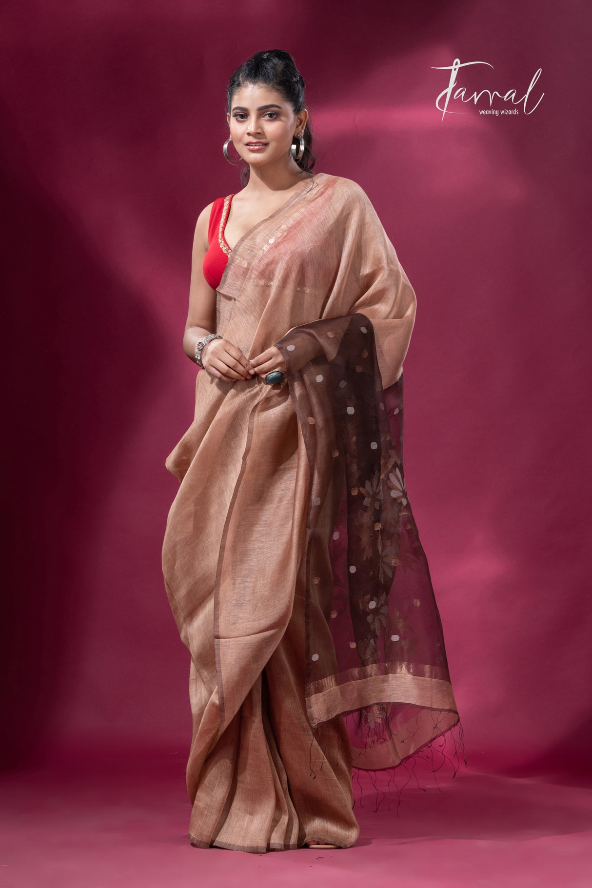 Coffee brown colour silk linen handwoven jamdani saree