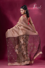 Coffee brown colour silk linen handwoven jamdani saree