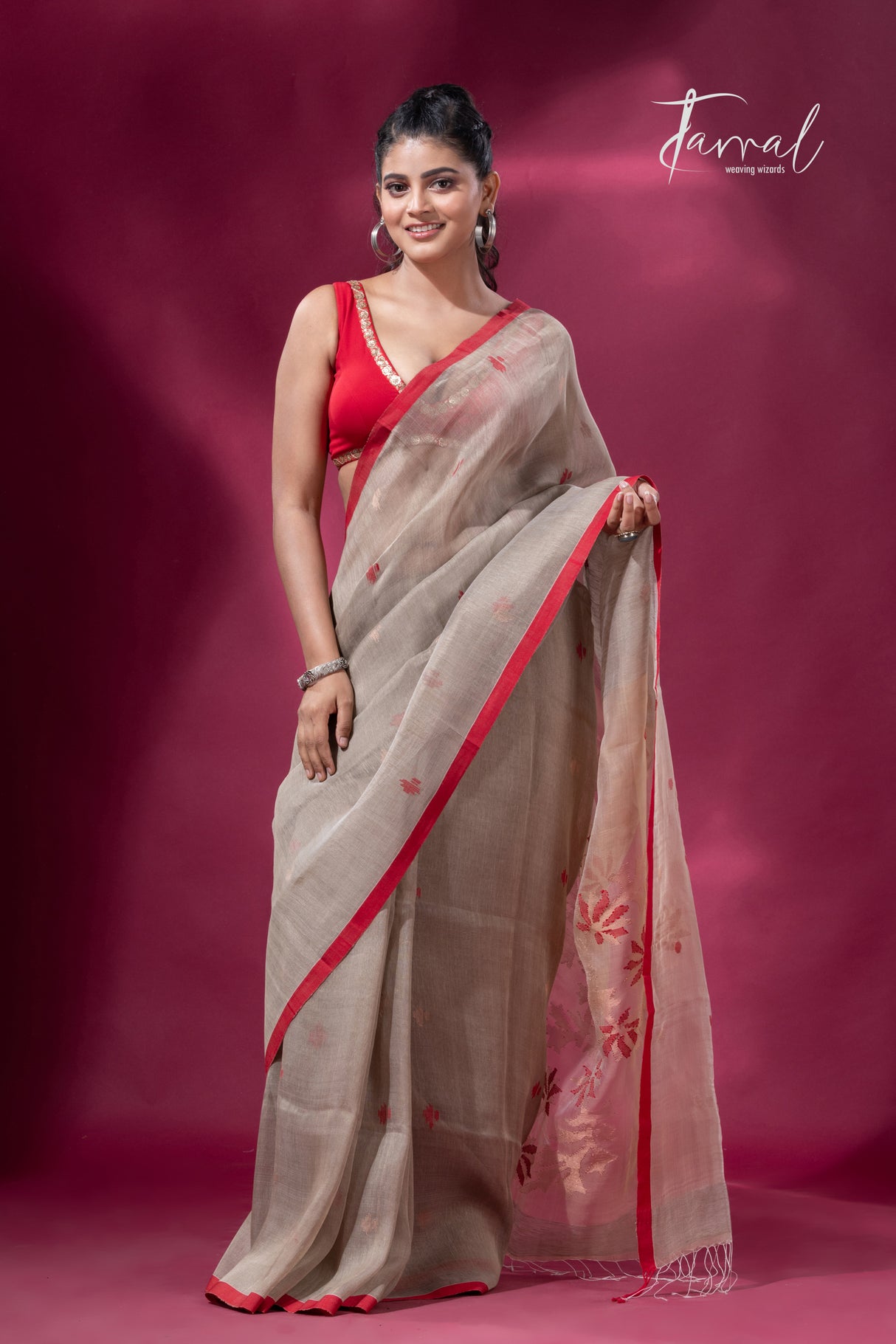 Light Grey with Red Border Silk Linen handwoven Alpana pallu saree