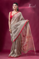 Light Grey with Red Border Silk Linen handwoven Alpana pallu saree