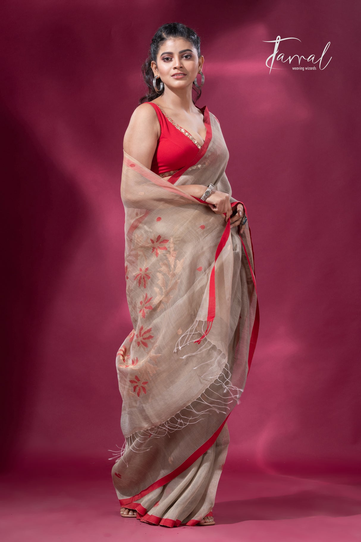 Light Grey with Red Border Silk Linen handwoven Alpana pallu saree