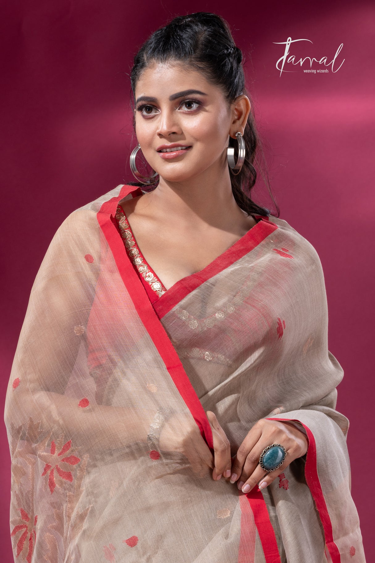 Light Grey with Red Border Silk Linen handwoven Alpana pallu saree