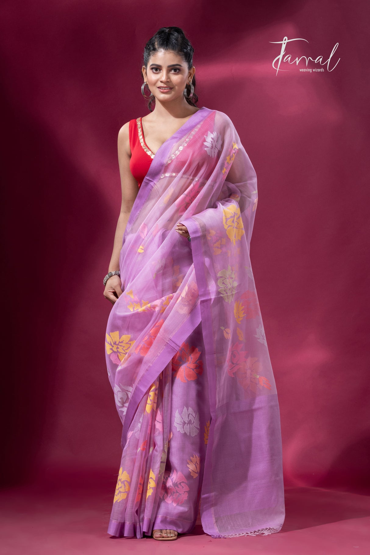 Lavender with purple border allover floral motifs handwoven jamdani saree