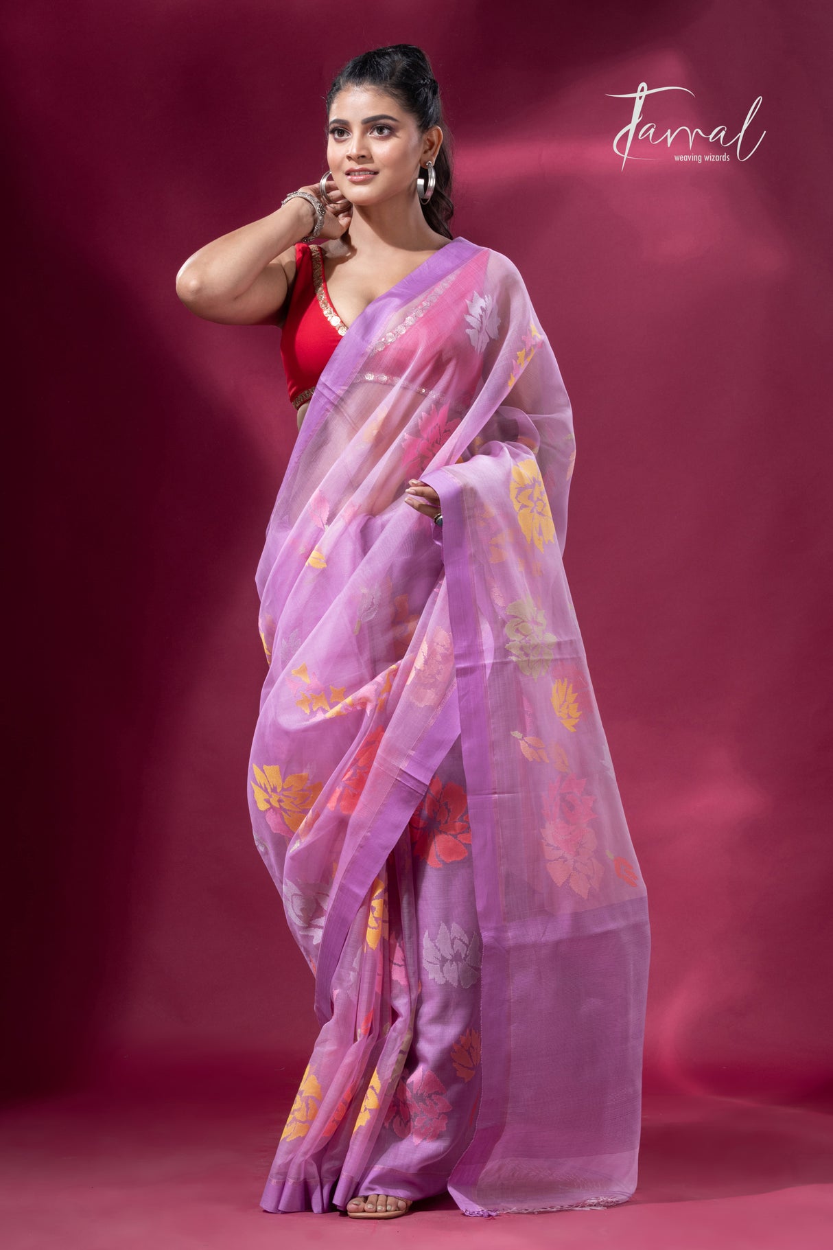 Lavender with purple border allover floral motifs handwoven jamdani saree