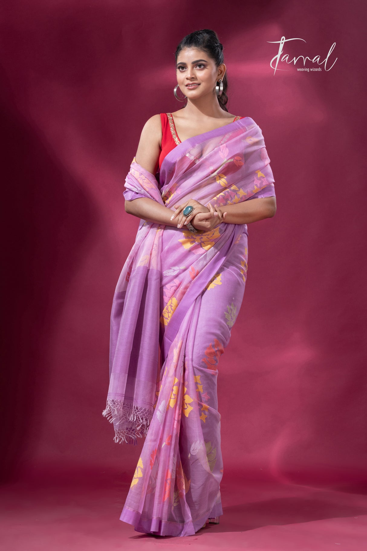 Lavender with purple border allover floral motifs handwoven jamdani saree