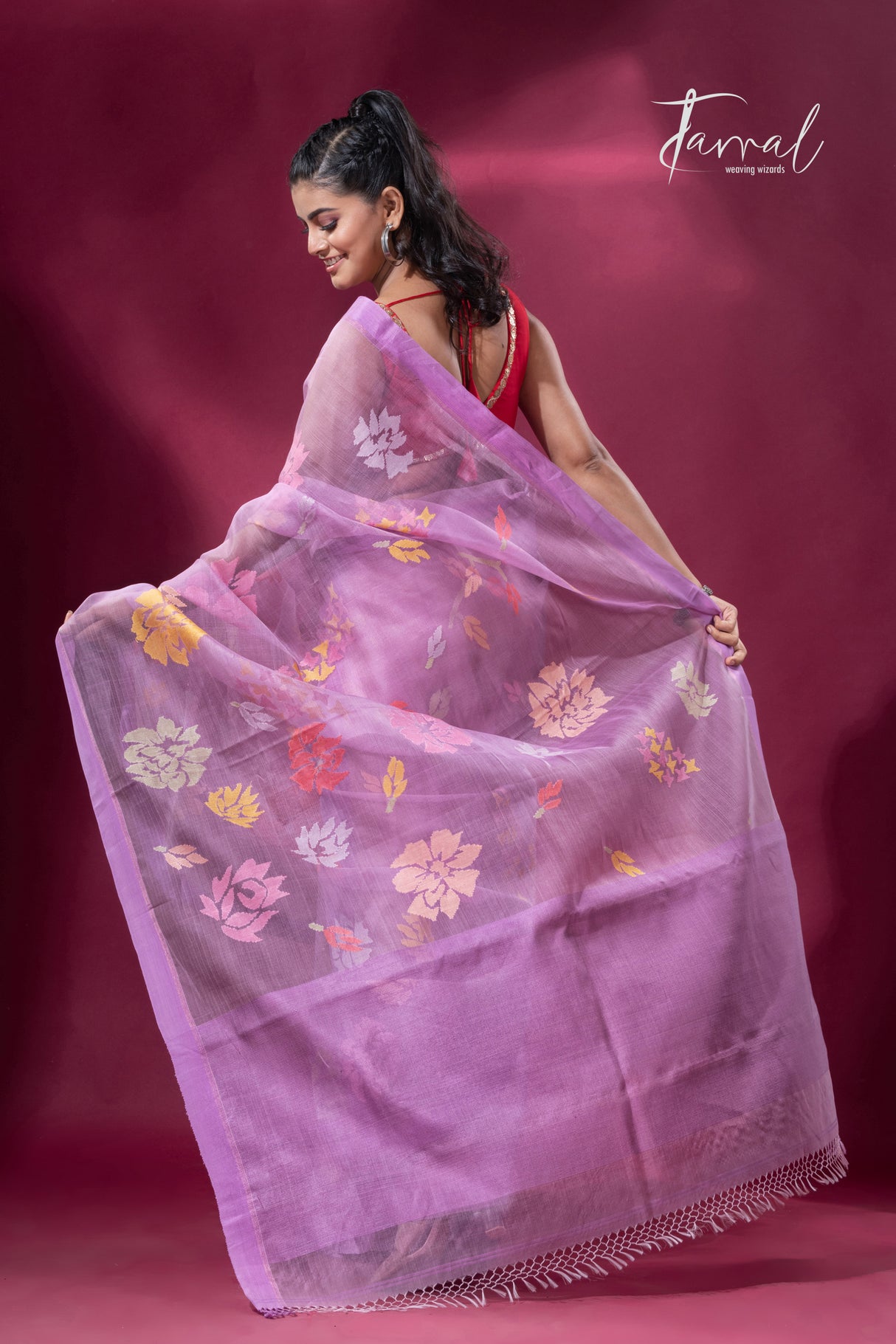 Lavender with purple border allover floral motifs handwoven jamdani saree - Tamal Boutique