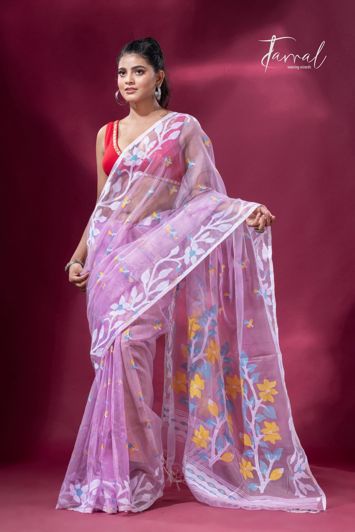 Dust Pink  with white lata soft muslin handloom dhakai jamdani saree