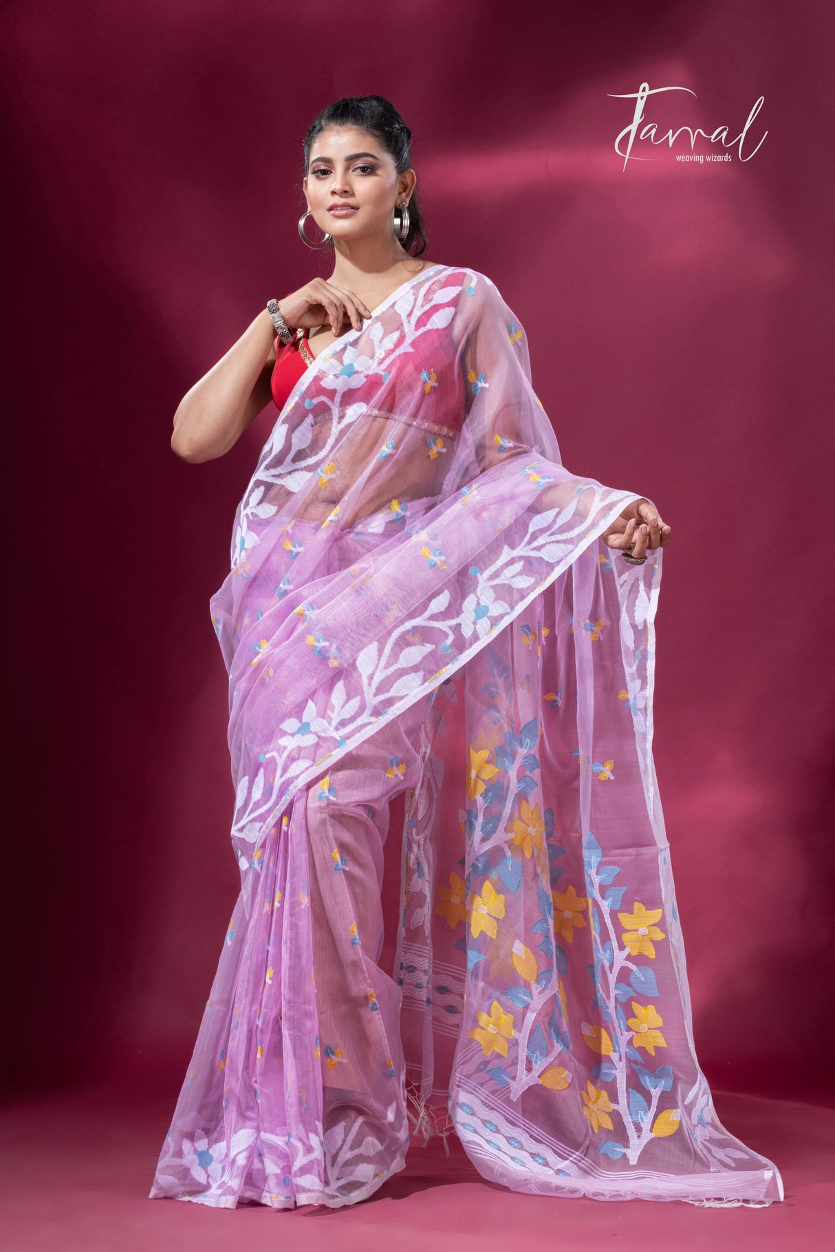 Dust Pink  with white lata soft muslin handloom dhakai jamdani saree