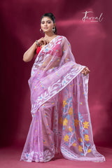 Dust Pink with white lata soft muslin handloom dhakai jamdani saree - Tamal Boutique