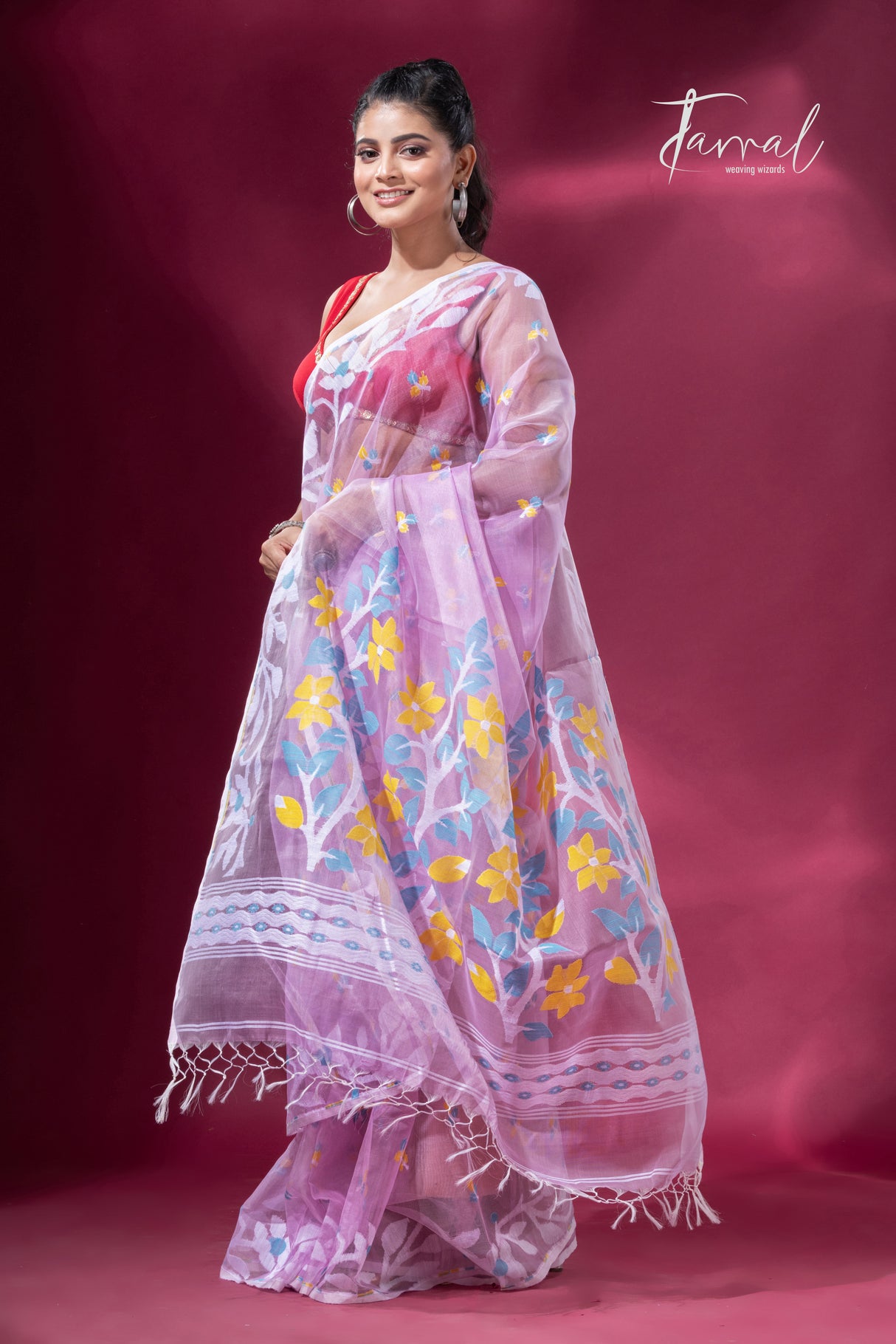 Dust Pink with white lata soft muslin handloom dhakai jamdani saree - Tamal Boutique