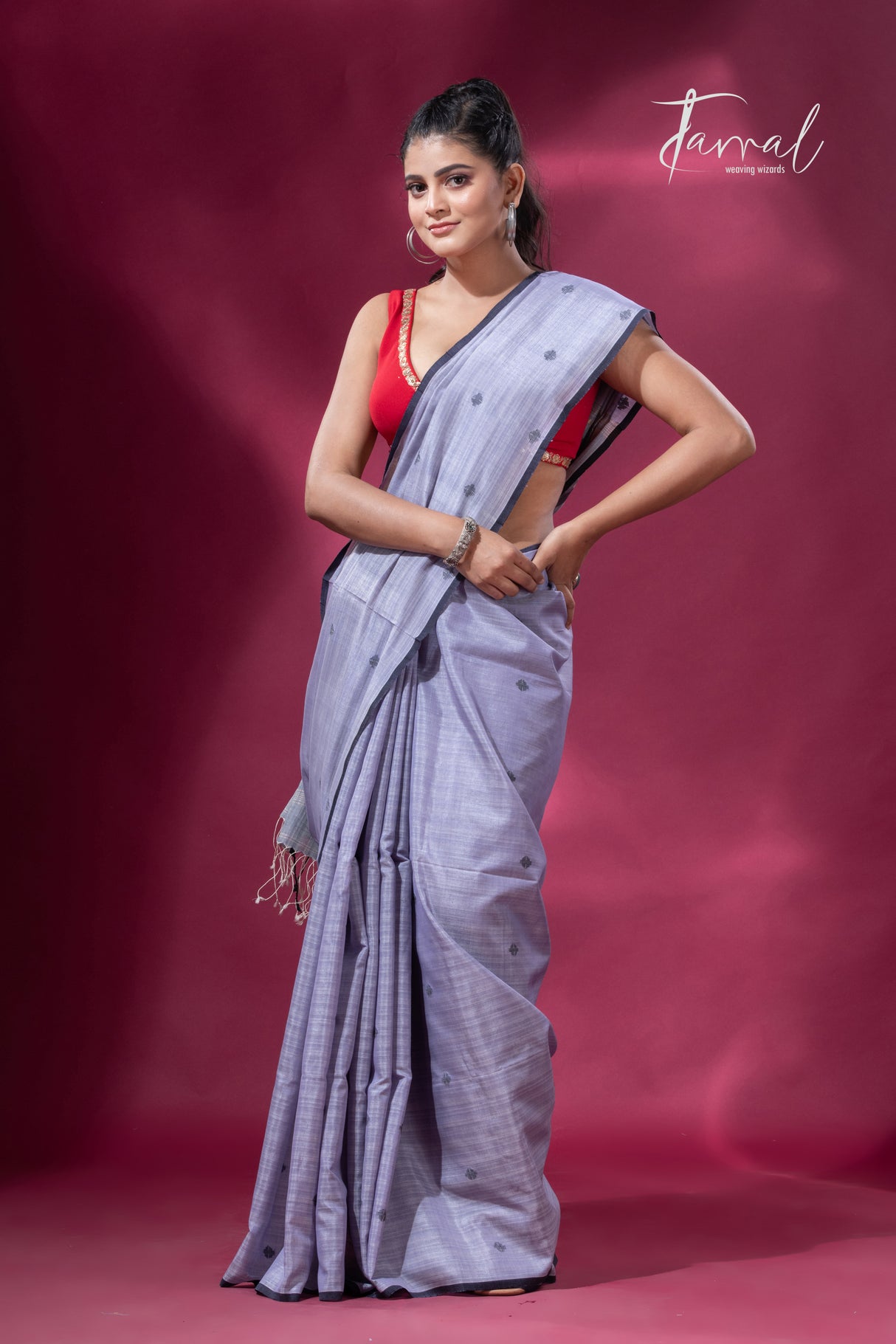 Ash grey with black border pure tusser cotton handwoven jamdani saree