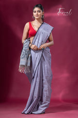 Ash grey with black border pure tusser cotton handwoven jamdani saree