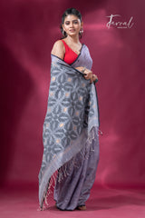 Ash grey with black border pure tusser cotton handwoven jamdani saree