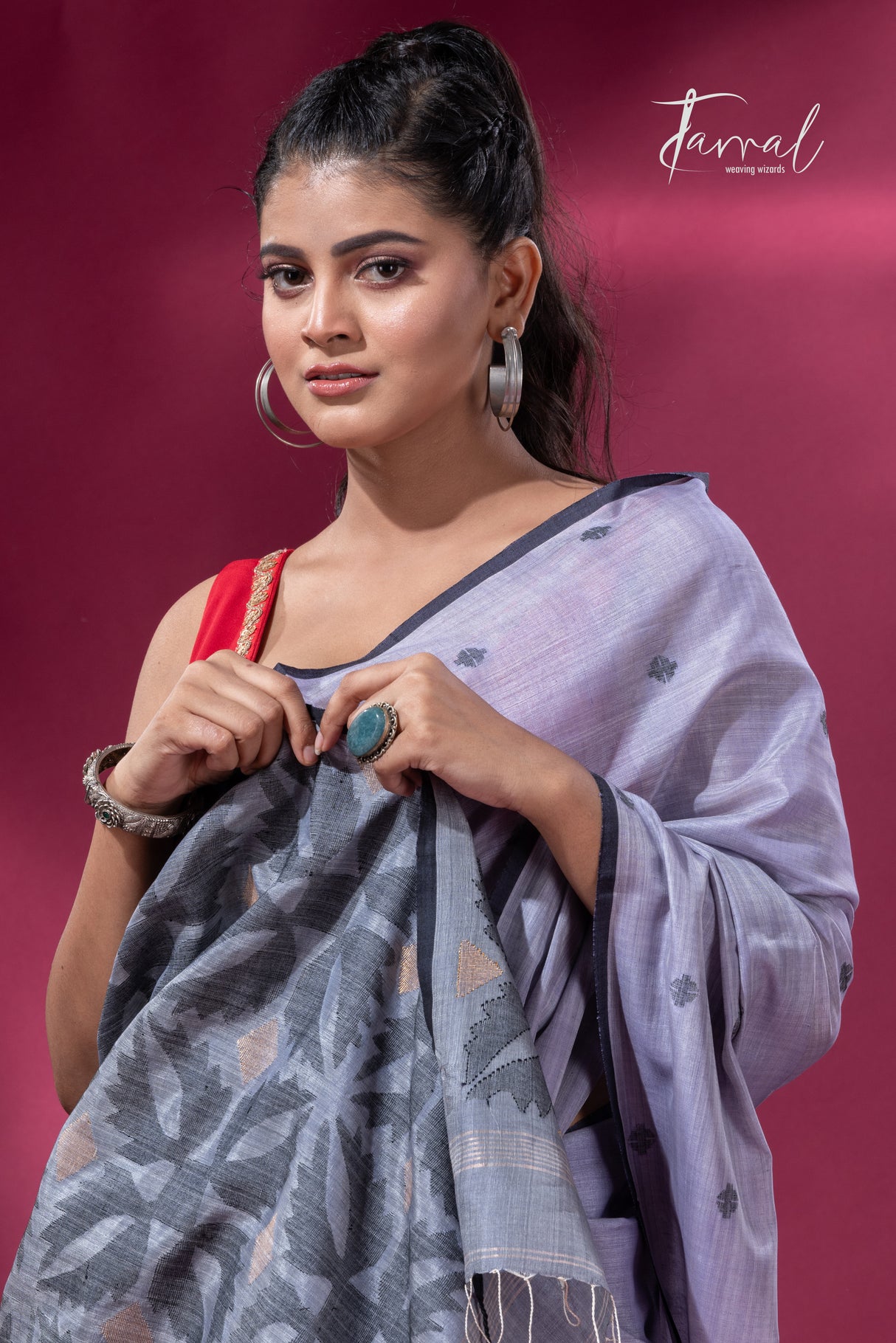 Ash grey with black border pure tusser cotton handwoven jamdani saree