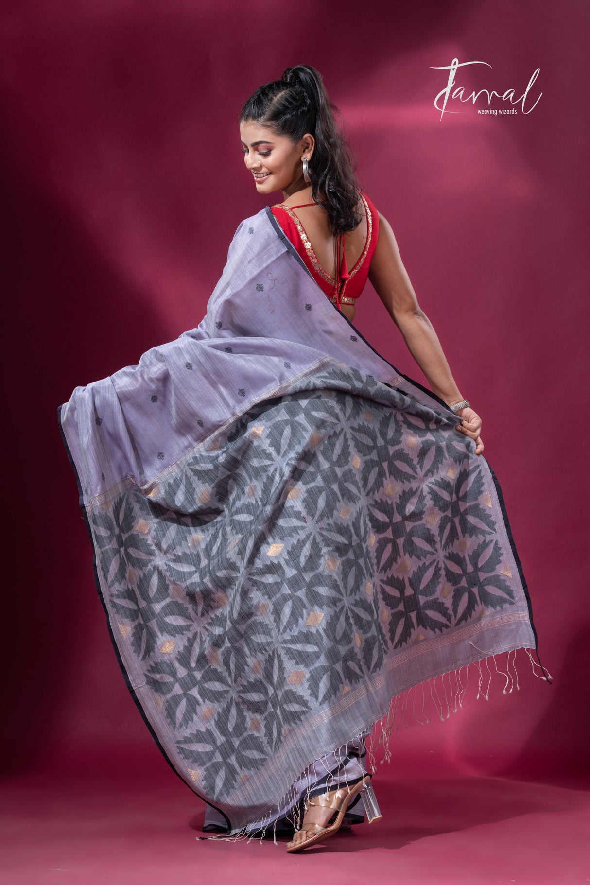 Ash grey with black border pure tusser cotton handwoven jamdani saree