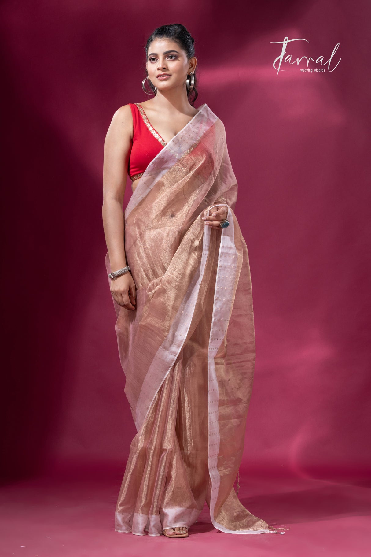 Copper gold with white sequins border pure tissue silk saree