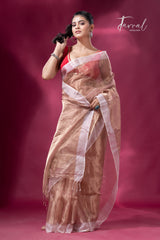 Copper gold with white sequins border pure tissue silk saree